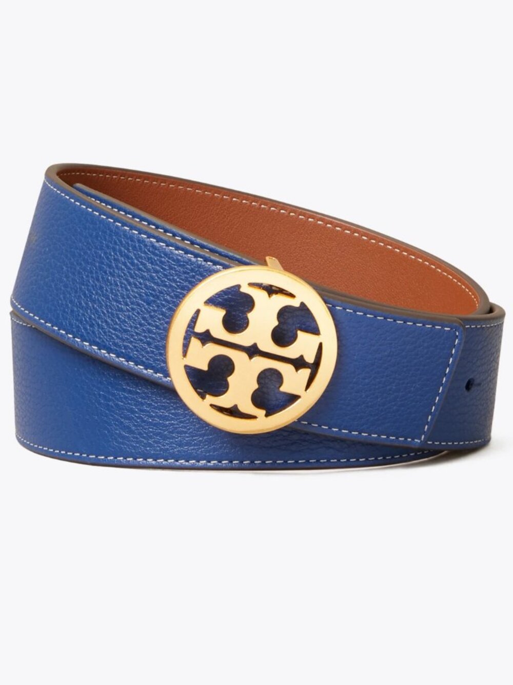 Tory Burch Wide Reversible Belt NWT 1.5" Blue Brown Midnight Swim Gold T Logo